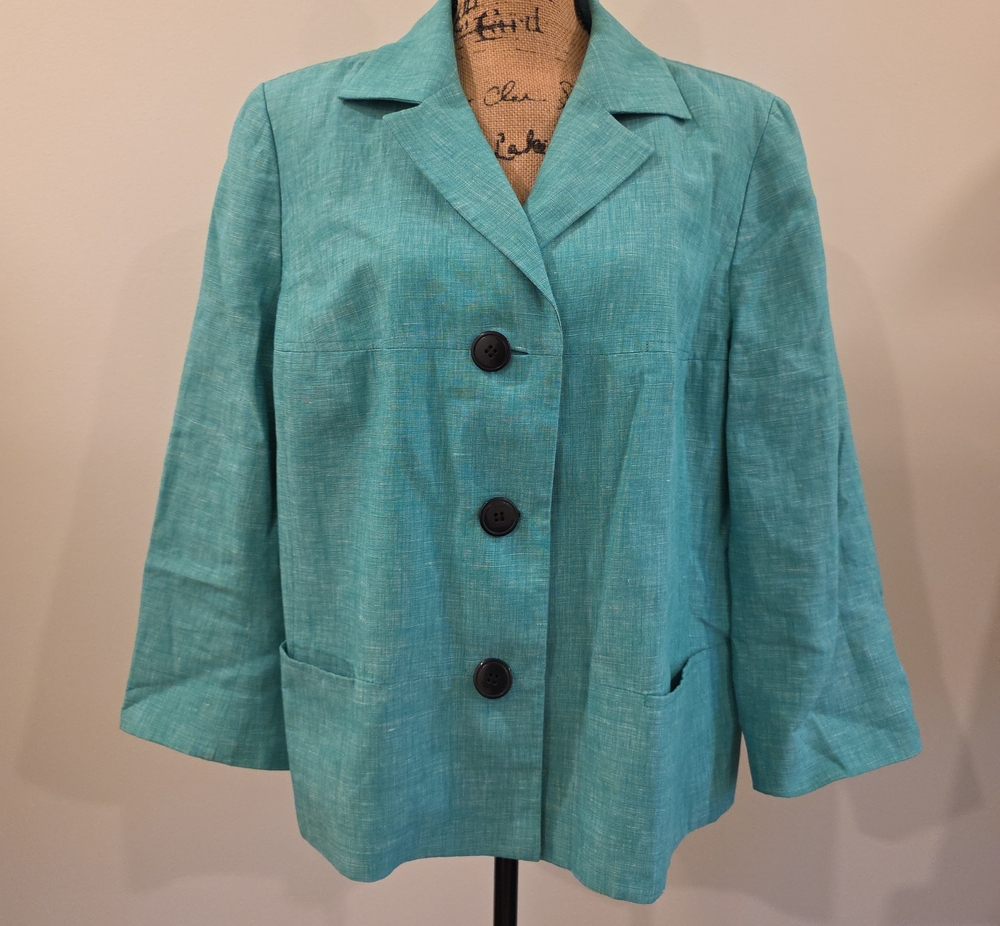 Jones New York Turquoise Button Front Linen-Blend Jacket